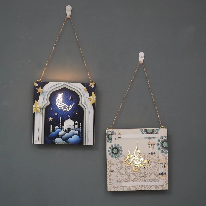 Muslim Home Decoration Ramadan Wooden LED Hanging Pictures Moon Lantern Mosque EID Wall Decoration
