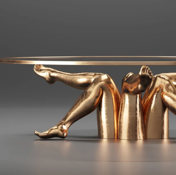 Light Luxury Modern Abstract Beauty Legs Table Plated Base Brass High End Designer Glass Round Coffee Table