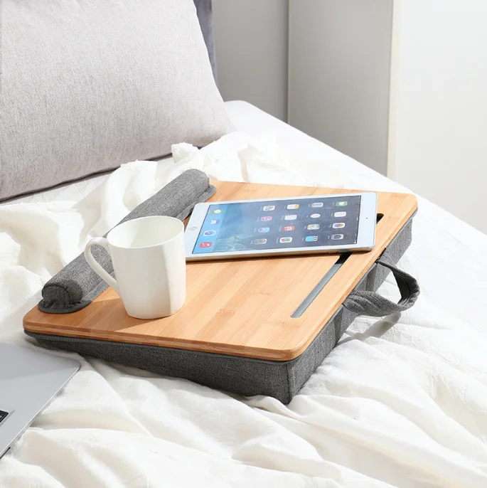 New design portable laptop bed desk with cushion bamboo computer table phone pad holder for study working