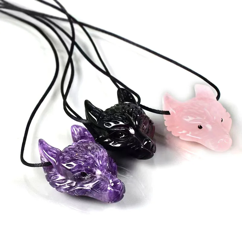 Natural Wolf Head rose quartz Amethyst Quartz Crystal Pendant Wolf  Gem Carved Healing