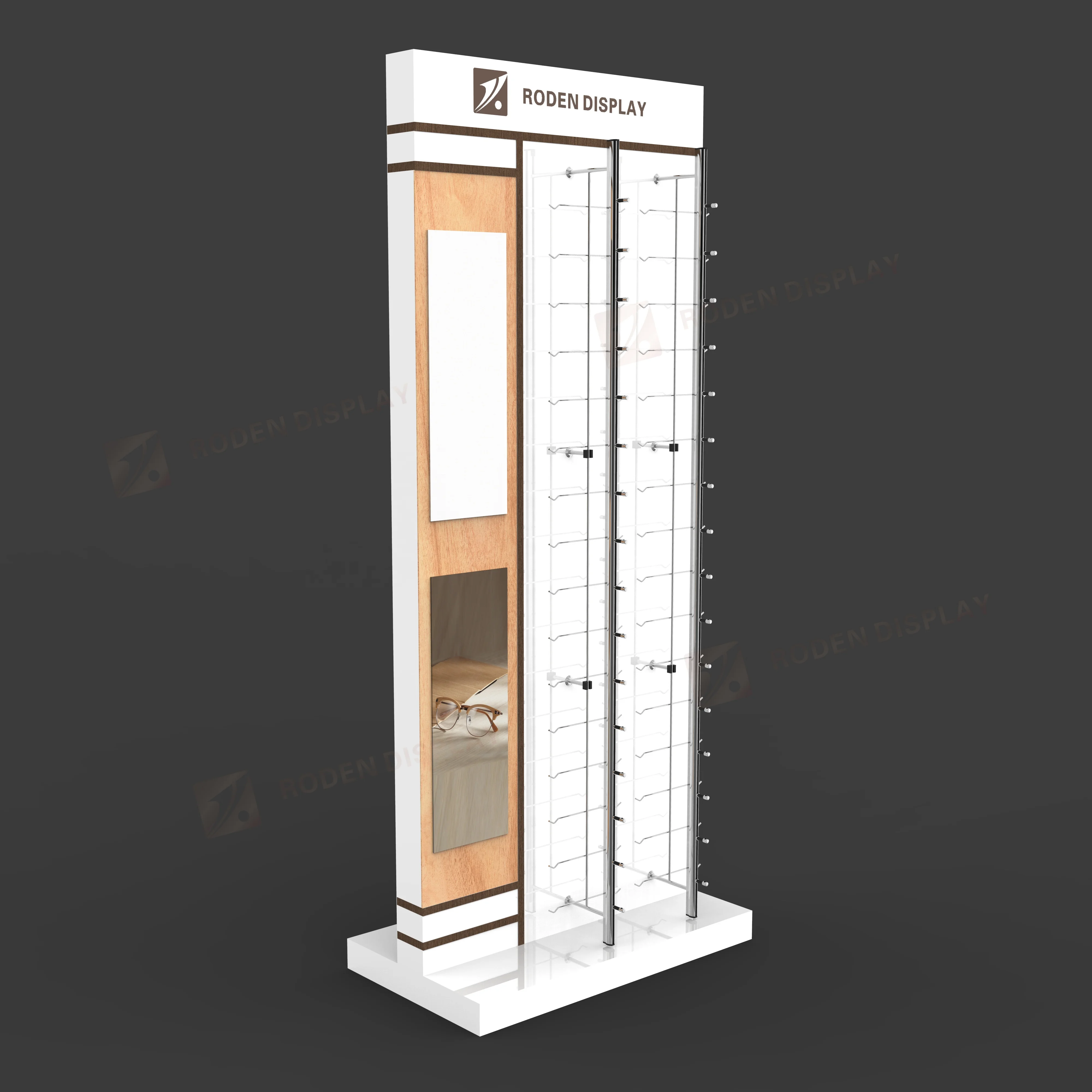 Lockable Wooden Eyewear Floor Stand Metal Rod Eyewear Display Showcase