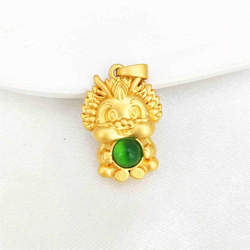 Natural Stone Buddha Charm Fan Shape Gold Plated Gemstone Chrysoprase Pendant Fish Pixiu Dragon with Green Chalcedony Pendants