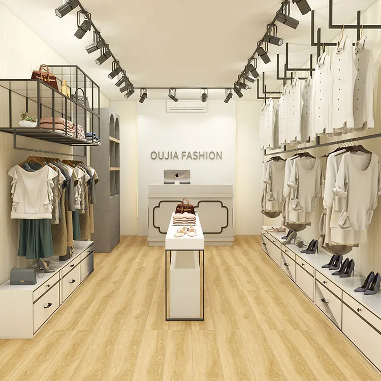 OUJIA Boutique Black Wall Mounted Display Rack Small Retail Clothing Store Interior Design Ideas