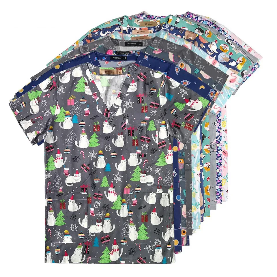 Medical Surgical Pharmacy Uniform Scrubs Print Doctor Overalls Tops Coat