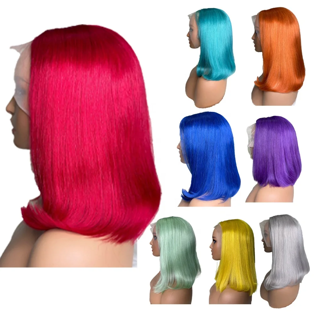 Blue Color Peruvian Virgin Human Hair Short Cosplay Bob Lace Wigs Preplucked Human Hair Wig