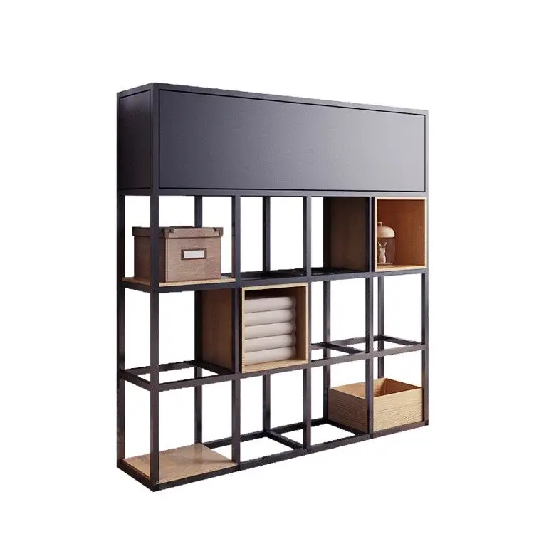Wooden and metal bookshelf industrial cube shelf for living room furniture