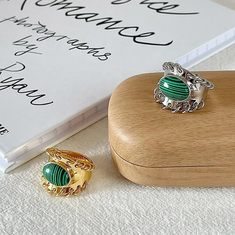 Latest High Quality 18K Gold Plated Brass Jewelry Malachite Metal Charm Natural Stone Accessories Ring R214105