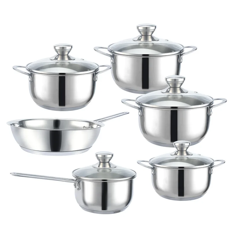 Stainless Steel Cookware set Classic Modern Fashion Metal 12pcs Kitchen Cooking Pot 5 Layers Universal Bottom with Wire Handle