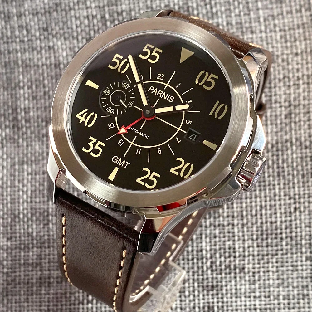 Мужские Винтажные автоматические часы PARNIS GMT Pilot из нержавеющей стали 316L с кожаным ремешком и стеклянной задней частью ST2557 спортивные механизмом