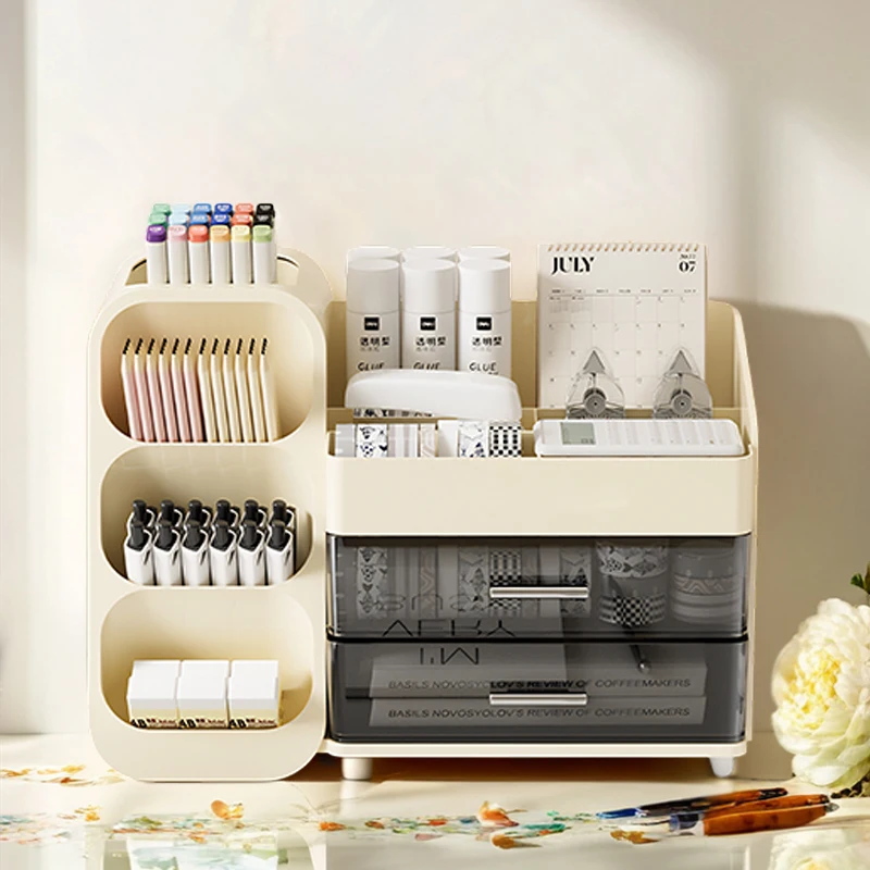 4 slots pen holder Pencil notebook Student Stationery container Sticky Notes calculator stapler Organizer Tray with 2 Drawers