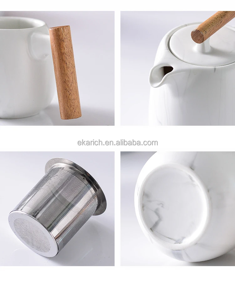 Роскошный скандинавский мраморный чайник с деревянной ручкой, оптовая продажа, чайный набор, керамические чашки с деревянной ручкой, винтажная Подарочная коробка, деревянный чайный набор