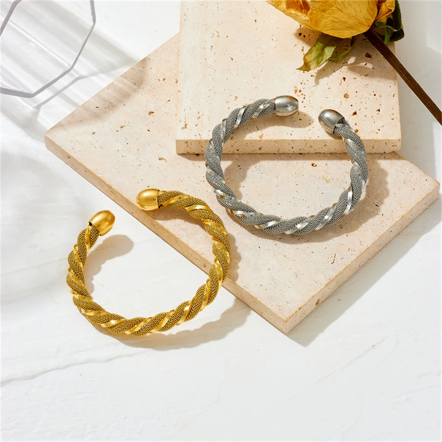 8mm Stainless Steel Waterproof  C shaped  Twisted Round Cuff Open Bracelet Bangle for Women Texture Metal Statement Jewelry Gift