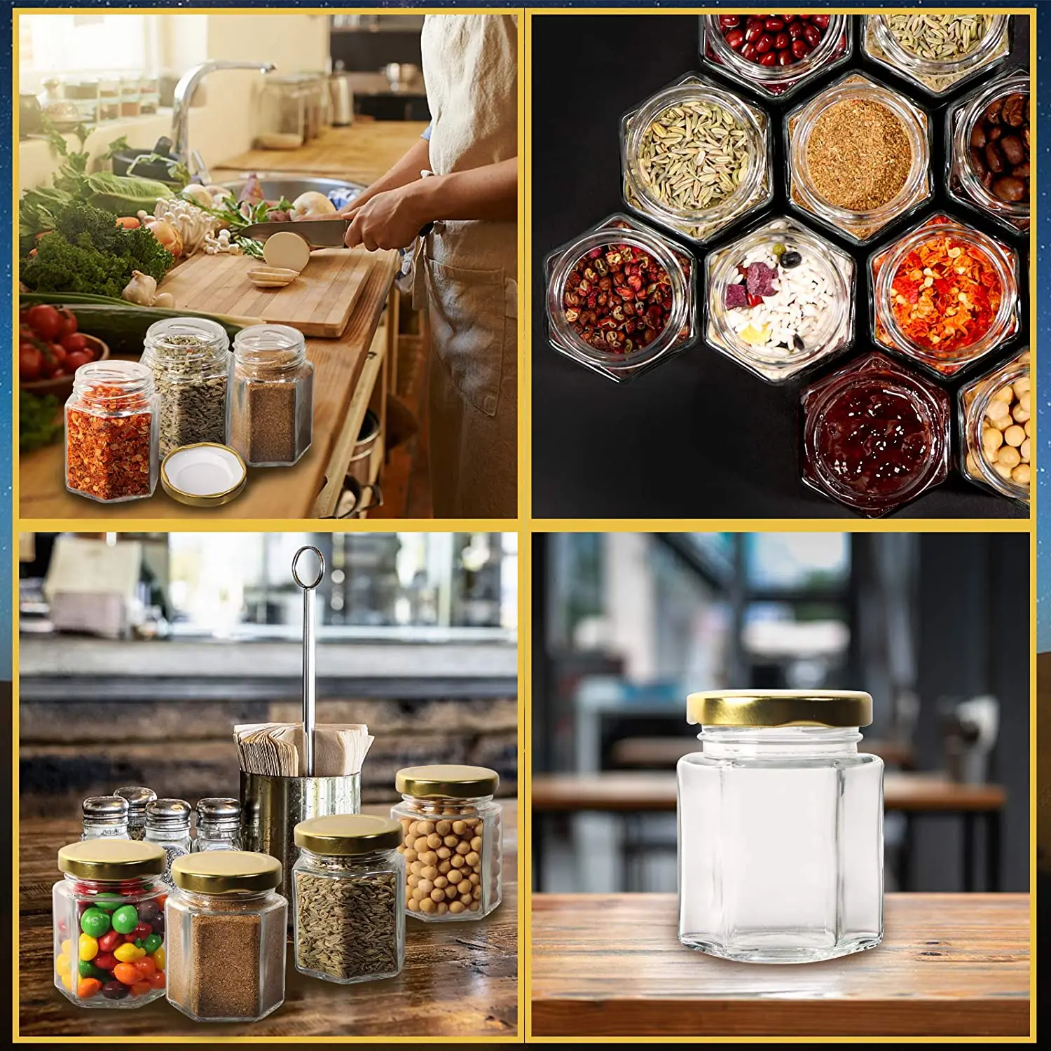 Wholesale Kitchen Use Clear Hexagon Shaped Glass Storage Jar Food Honey Jam With Metal Lid