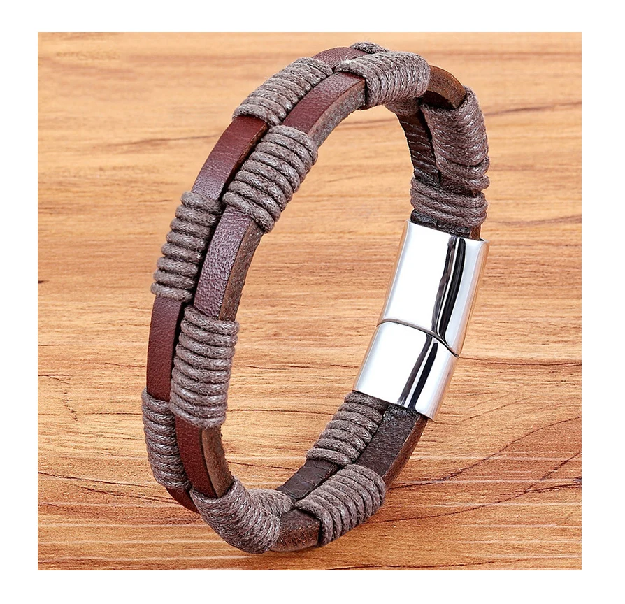 High Quality Double Row Men Braided Genuine Leather Bracelet En Acier Inoxydable Stainless Steel Bracelet Magnetic Clasp Polish
