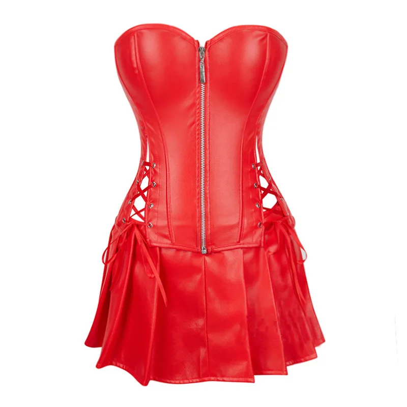 Hot Girl PU Leather Corset and Mini Skirt 3 Piece Set Party Club Sexy Punk Black Body-shaping Shapewear Plus Size Dress
