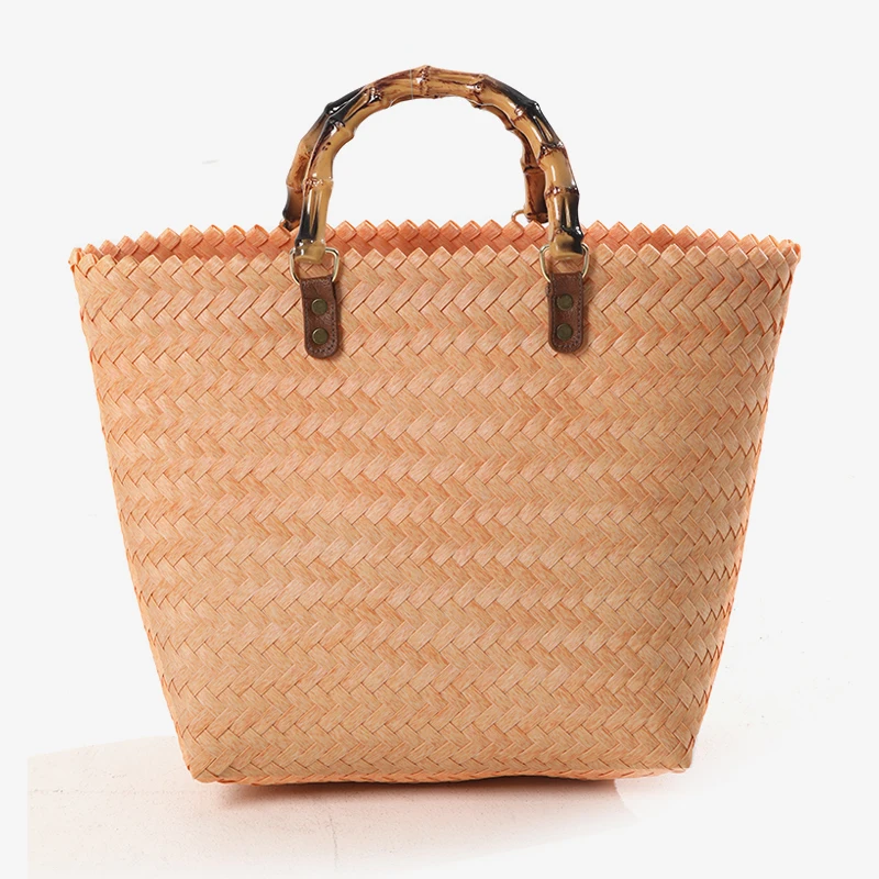 Bamboo Shape Handle PP Straw Woven Bag Girls Trendy Hand Bags For Woman Fashion Purses Big Capacity Shopping Bags