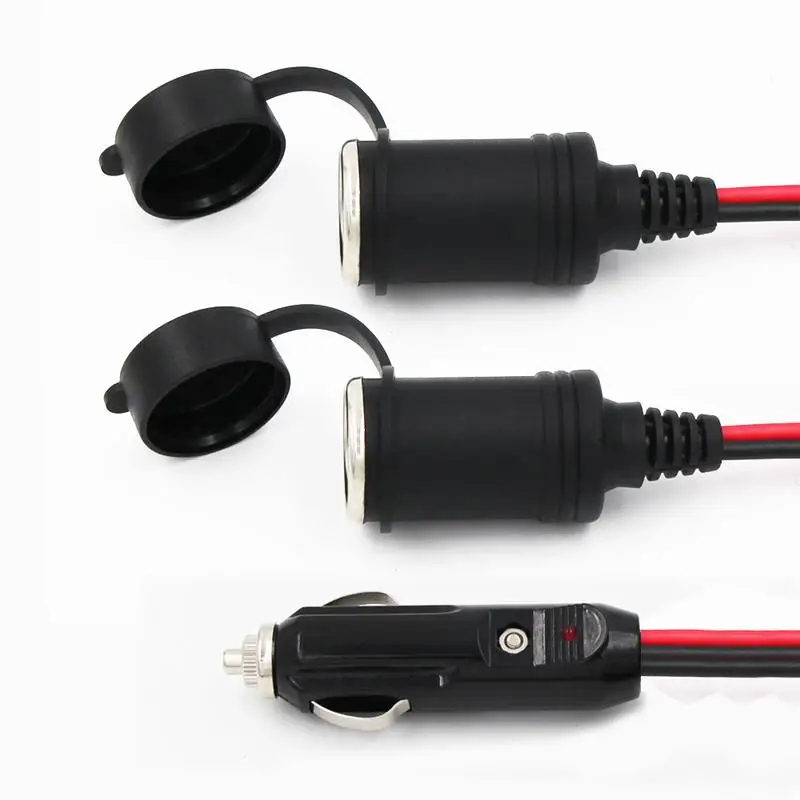 Car 12Ft Black And Red Extension Cable Male To Dual Female Heavy Duty Cigarette Lighter Plug