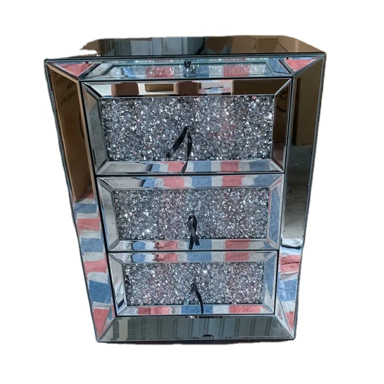 Modern Light Luxury Silver Wooden Bedside Table Bedroom Custom Furniture High Quality Diamond Mirror Side Cabinet