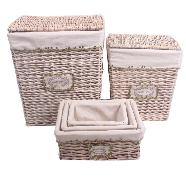 Wholesale cheaper rectangle wicker laundry basket set of 5 with lid for home