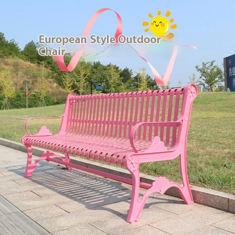 Factory Made Outdoor Wrought Iron Bench Corrosion Rust Prevention Rest Benches In Amusement Parks Pink Steel Leisure Bench