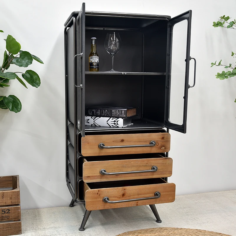 INNOVA Home Vintage Kitchen Wood Metal Storage Drawers Sideboard Accents Industrial Furniture Display Glass Door Cabinets