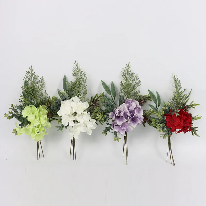 Plastic Flowers Artificial Decoration 33cm Hydrangea cypress pine  Christmas Bundle For  Xmas Decoration