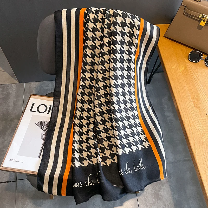 New Design Fashion Letter Printed Long Large Cotton Scarves For Women Luxury Houndstooth Pattern Viscose Shawls Muslim Hijabs