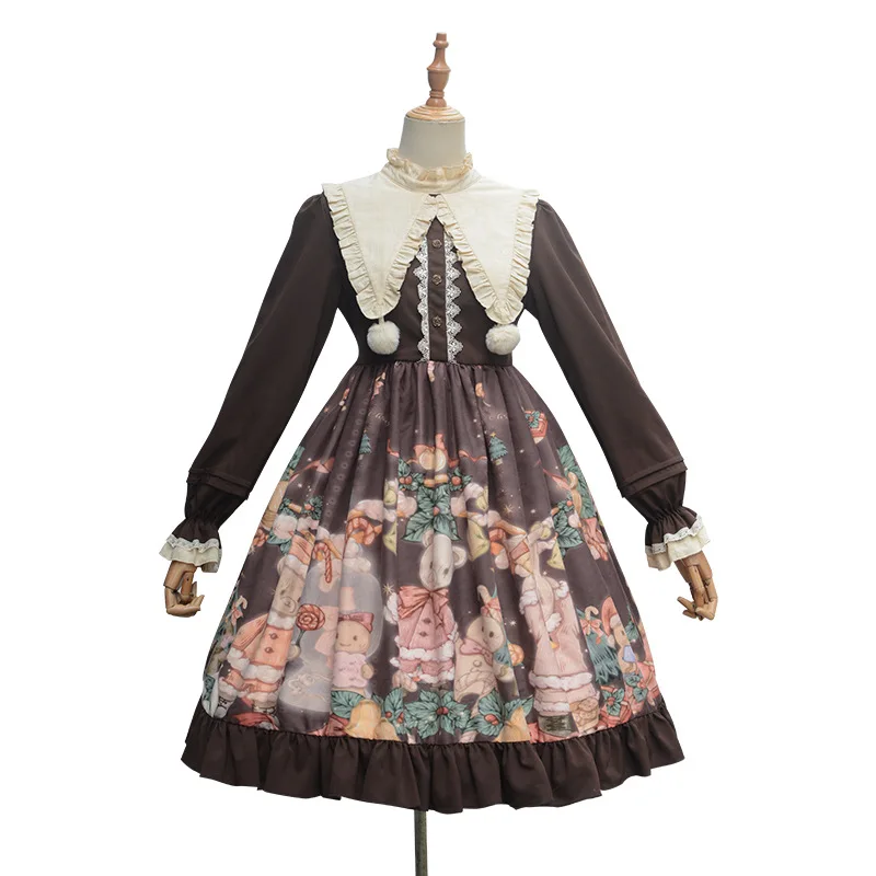 New Autumn and Winter New Original Design Cute Christmas Bear Printed Long Sleeved Sweet Op Lolita Dress for Girls