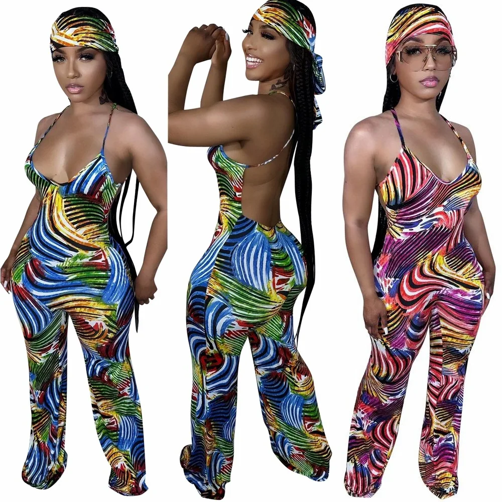 Colorful Printed Spaghetti Straps Backless Jumpsuit with Headband Women Sexy Summer Casual V Neck Sleeveless Romper Overalls