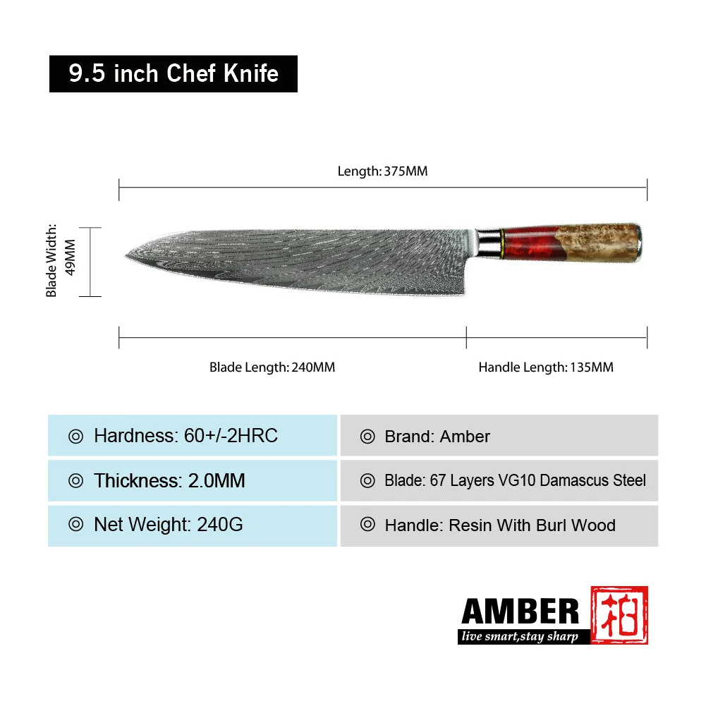 9 pcs 67 layers damascus steel kitchen knife set with Resin with Stabilized Wood Handle