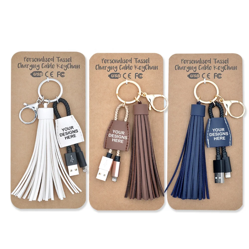 Brown key Ring cable phone charger power tassel keychain genuine leather tassel key chain With usb phone cable fringe