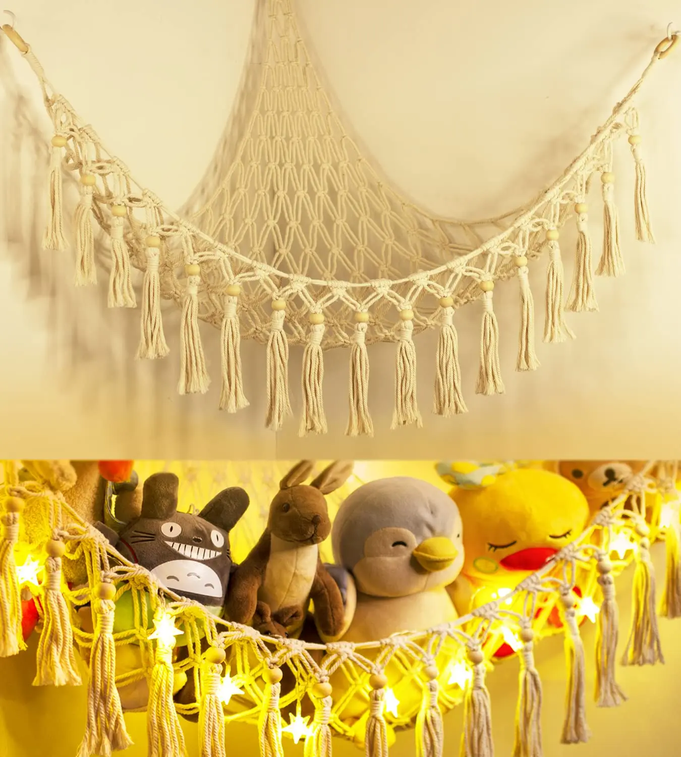 Longsen popular bedroom stuffed animal hammock net with macrame customized size cotton storage toy hammock