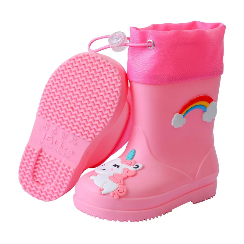 New Fashion Cute Kids Rain Boots Rubber PVC Warm Children Waterproof Shoes Cartoon Unicorn Removable Cotton Cover Non-slip