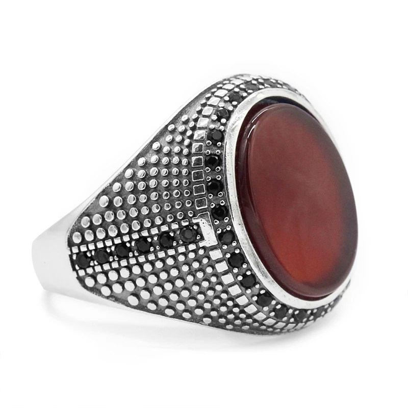 Turkish Real S925 Silver Red Agate CZ Stone Men Ring Designs , Antique Natural Onxy Zircon Stone Rings in Thai Silver