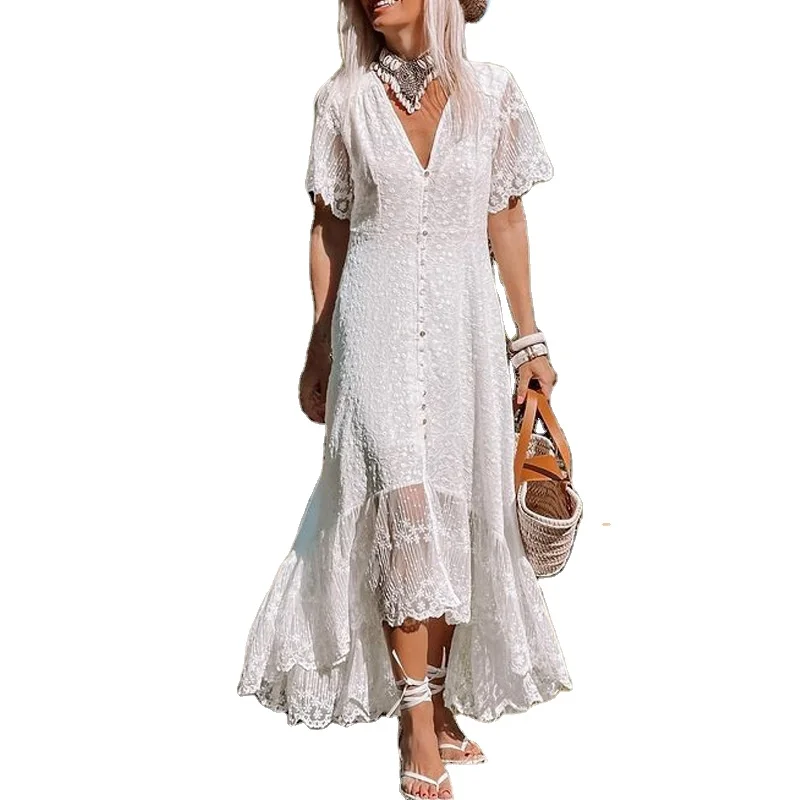 Bohemian White Lace Maxi Dress Women Summer Short Sleeve Floral Embroidery Long Dress Female Elegant Retro Casual Beach Sundress
