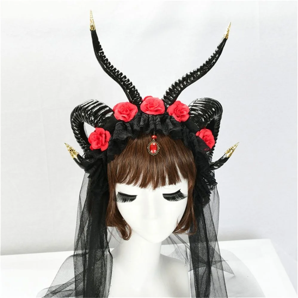 
60cm Net Yarn Metallic Ram Horns Skull Headdress Crown Devil Ram Demon Goat Floral Headband Cosplay Halloween For Fairy Wedding 