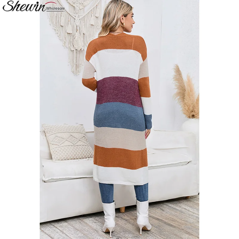 Shewin Wholesale Acrylic Colorblock Open Front Knit Fall Long Sweater Cardigan Women