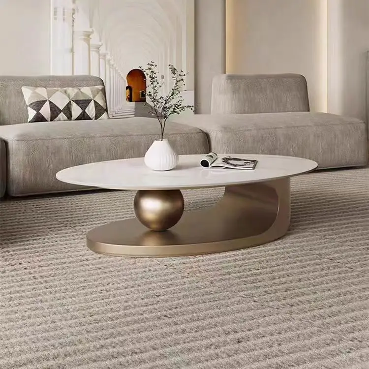 Oval steel coffee table gold dragon pearl tea several black metal base
