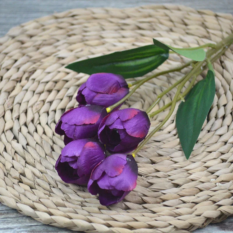 Bulk High Quality Wedding Decoration Latex Silk 5 Branch Yellow Artificial Flower Tulips