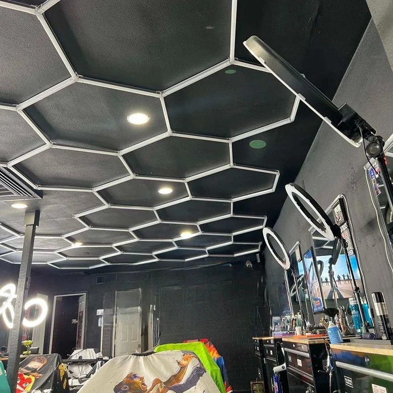 Car workshop led lights auto detailing hanging connectors for hexagon shape grid systems shop office club honeycomb wall light