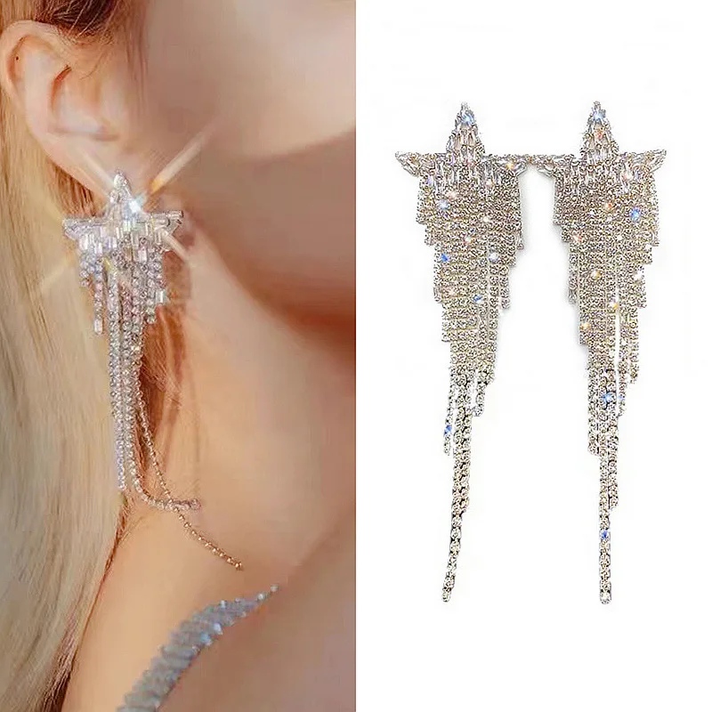 Party Jewelry Luxury Earrings 2022 New Design Full Rhinestone Star Long Tassel Earrings Ins Earrings Ladies Jewelry