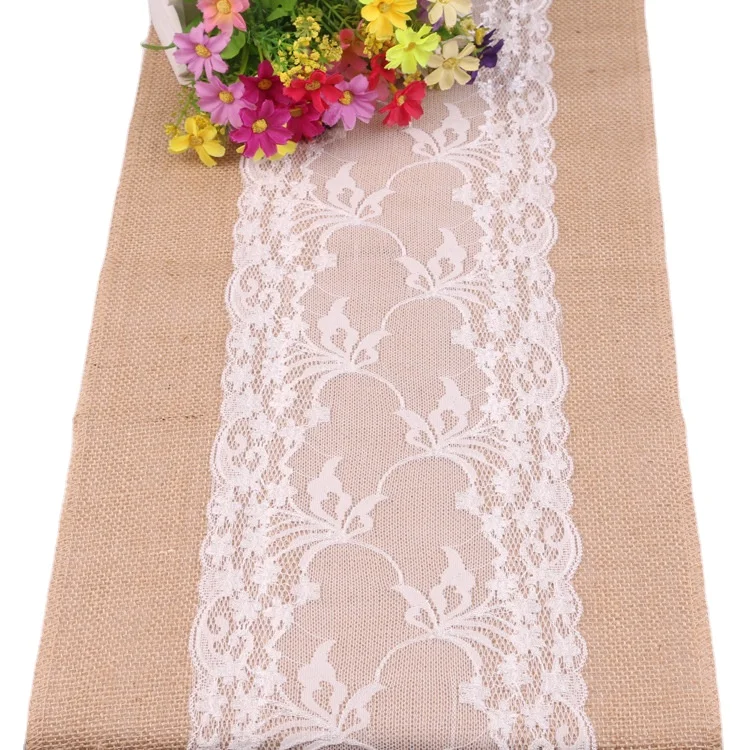 Boho style 30cm wide cheesecloth dining room burlap jute dining table runner with lace home decoration