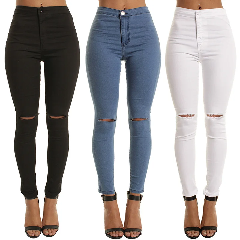OEM винтажные женские джинсы с высокой талией Узкие рваные джинсовые брюки карандаш узкие для женщин брюки большого (62232864062)