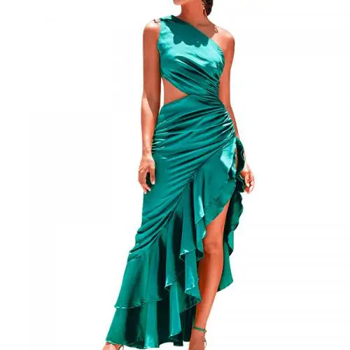 irregular side slit backless off shoulder Dress Cotton hollow One Shoulder patchwork sexy women dresses green 744426