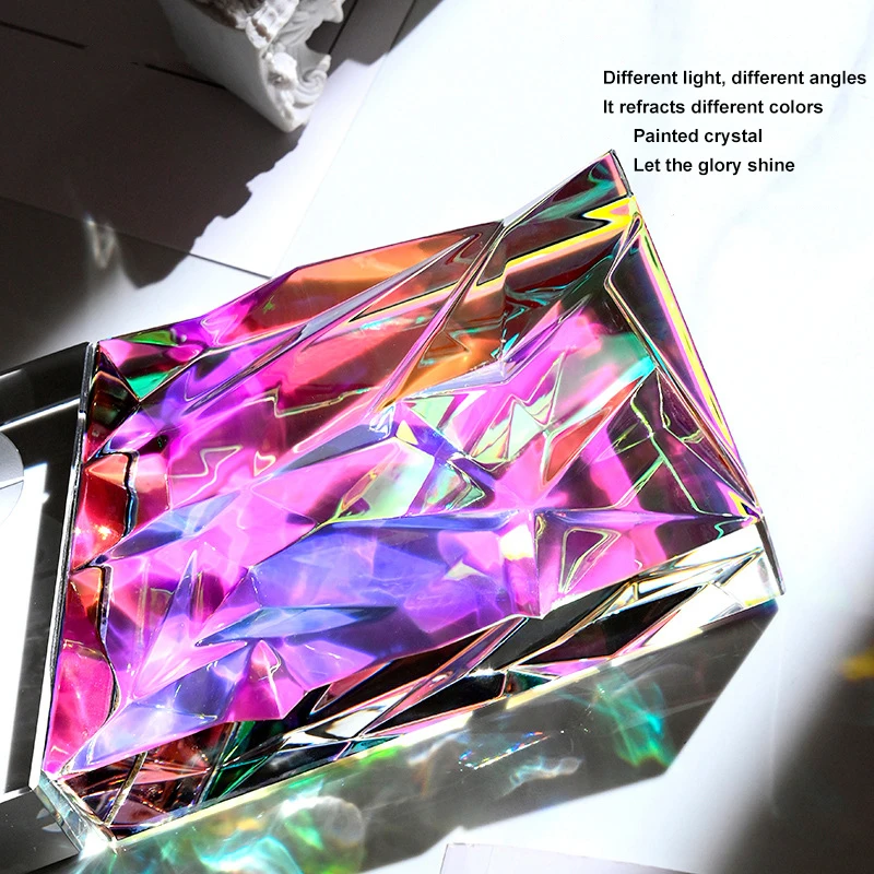 Custom Shape Blank Logo Print Sport Corporate Award Rainbow K9 Crystal Glass Plaque Trophy With Clear Blue Black Base