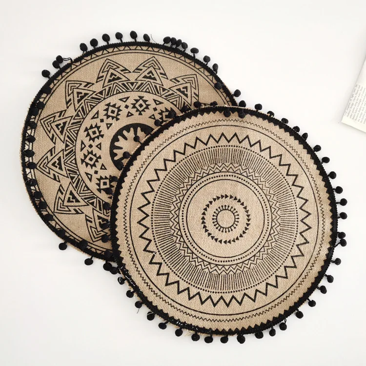 Round Jute Burlap Table Woven Placemat Vintage Handmade Woven Fringe Placemat