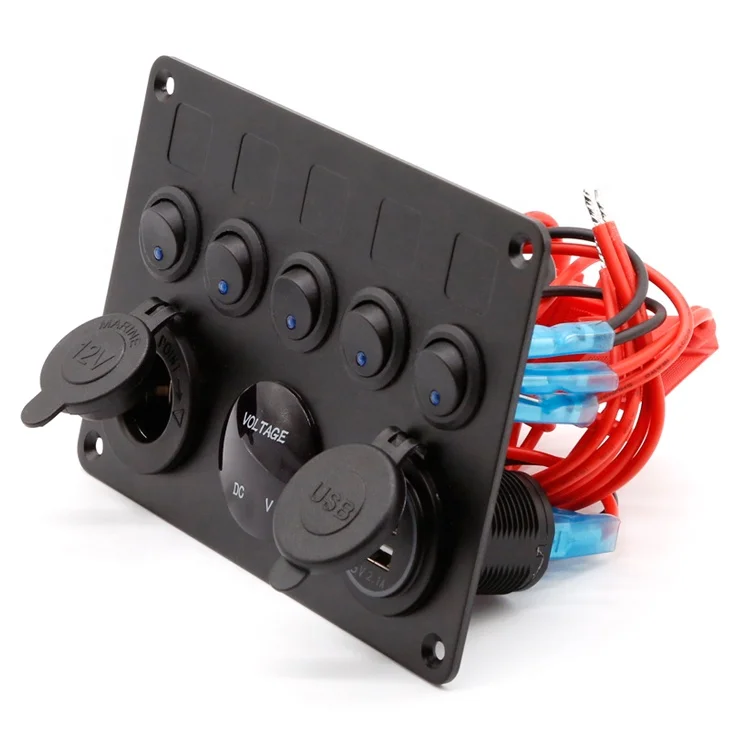 12V USB ON-OFF Toggle Waterproof 5 GANG Red Blue Green LED Rocker Switch Panel for Car Boat Marine