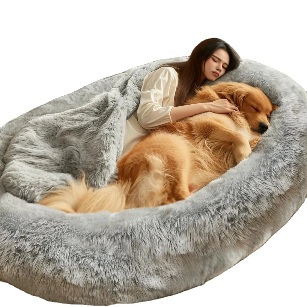Large Human Dog Bed Human-Sized Big Dog Bed for Adults & Pets Giant Beanbag Bed with Washable Fur Cover, Blanket and Strap