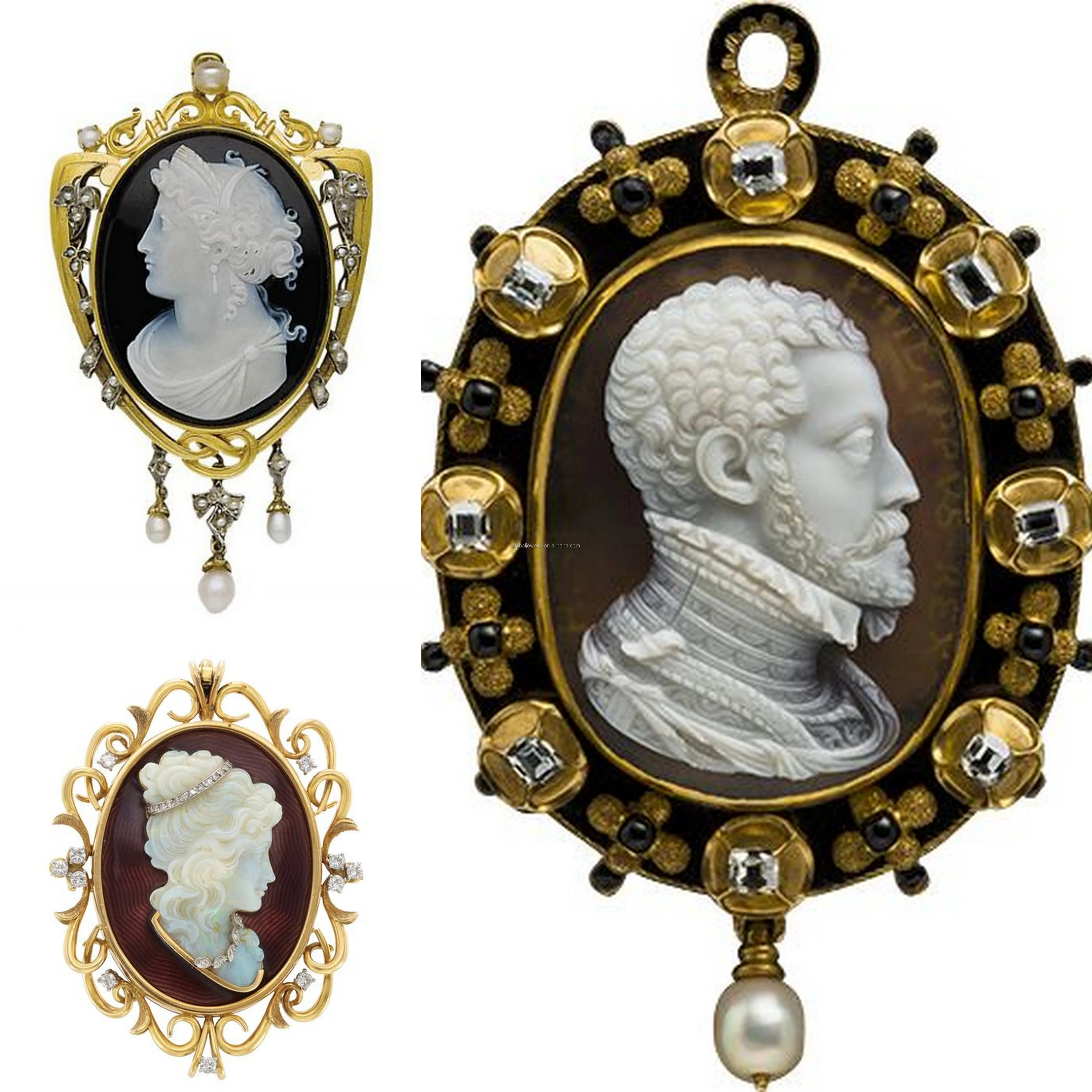 Factory Direct High Quality Customized Oval Shape Portrait Rhinestone Vintage Shell Cameo Pendant Brooch