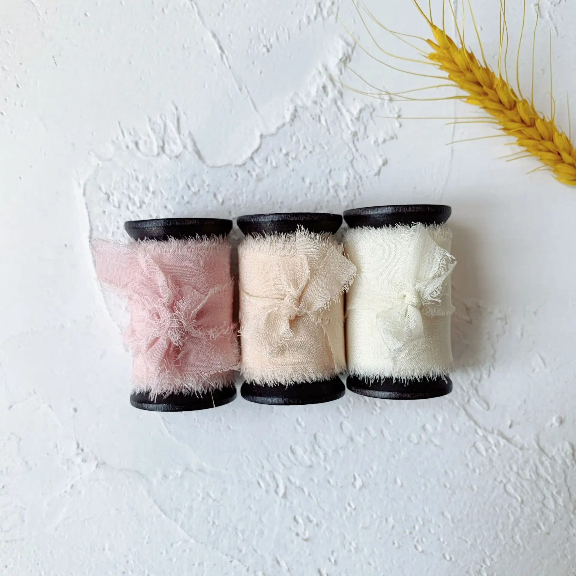 
3Rolls one Set 100% silk frayed edges ribbon ins style wedding silk ribbon woodenspools pure silk satin package ribbon wedding 